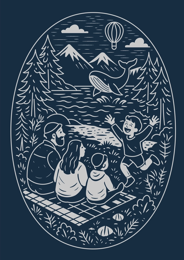 whale-of-a-time Blue and white illustration of a family sitting by a lake watching a whale